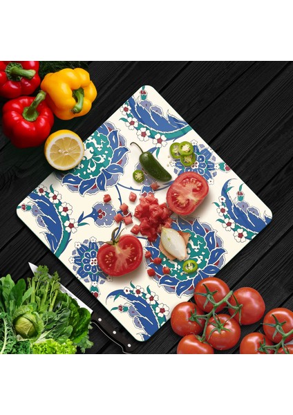 Cam Kesme Tahtası Kare Mavi Çini Desenli 30X30 cm fiyatları