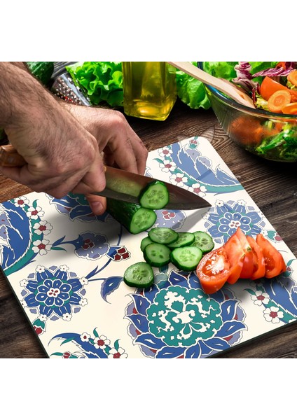 Cam Kesme Tahtası Kare Mavi Çini Desenli 30X30 cm modelleri