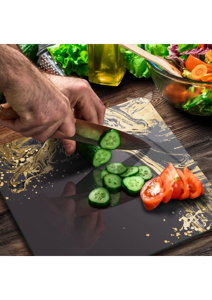 Cam Kesme Tahtası Kare Kahverengi Gold Dalga Desenli 30X30 cm modelleri