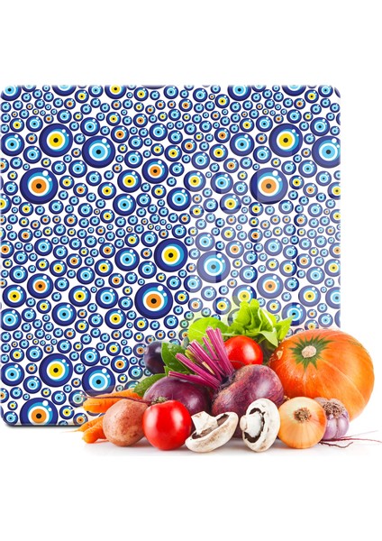 Cam Kesme Tahtası Kare Nazar Boncuk Desenli 30X30 cm