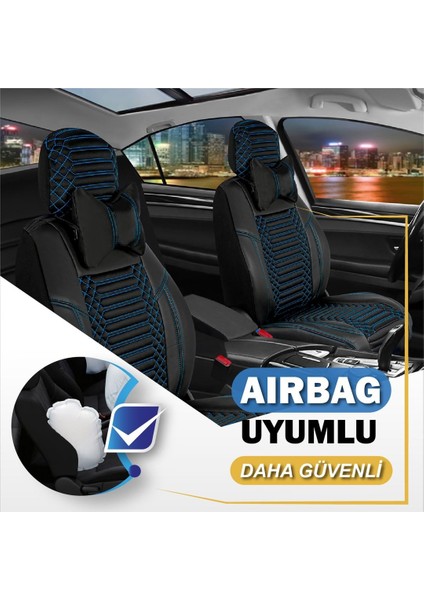 alfa Romeo 156 Uyumlu Deri Oto Koltuk Kılıfı Ön/arka 5li Set Live Seri Siyah-Mavi