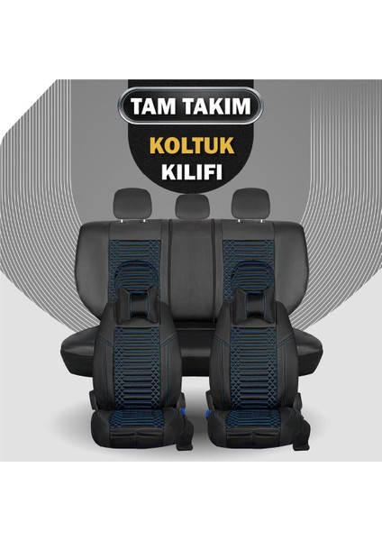 fiat Albea Uyumlu Deri Oto Koltuk Kılıfı Ön/arka 5li Set Live Seri Siyah-Mavi