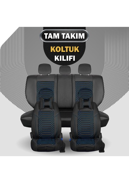 fiat Egea Hb Uyumlu Deri Oto Koltuk Kılıfı Ön/arka 5li Set Live Seri Siyah-Mavi