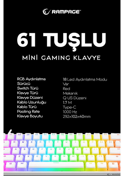 KB-R135 Parvus Beyaz Type-C Bağlantilı RGB Puding Tuşlu Red Switch Us Gaming Oyuncu Klavyesi