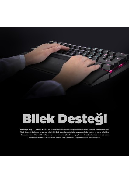 Ally K11 Siyah 12 Işık Modlu Blue Switch Mekanik Antighosting Bilek Destekli Oyuncu Klavyesi