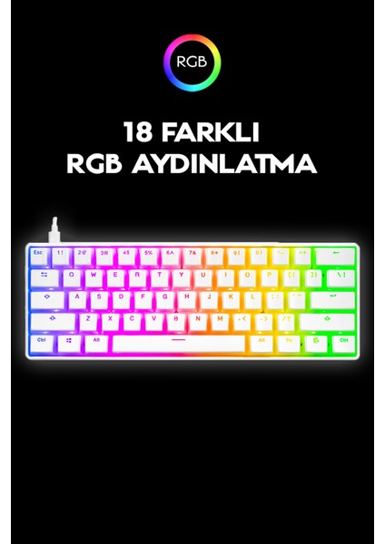 KB-R135 Parvus Beyaz Type-C Bağlantilı RGB Puding Tuşlu Red Switch Us Gaming Oyuncu Klavyesi