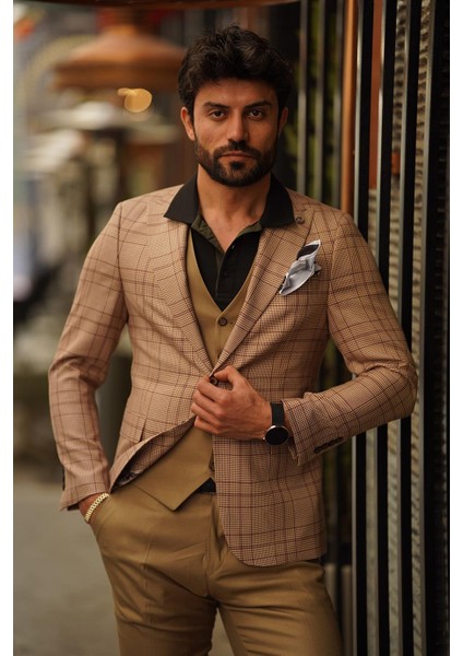 Fermana Slim Fit Kahve Ekoseli Takım Elbise fiyatları