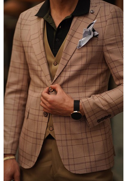 Fermana Slim Fit Kahve Ekoseli Takım Elbise fırsatları