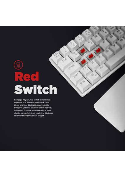 Ally K11 Beyaz 12 Işık Modlu Mekanik Antighosting Bilek Destekli Red Switch Gaming Oyuncu Klavyesi