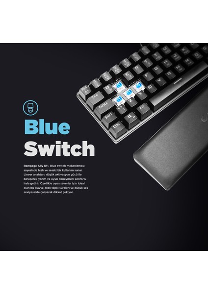 Ally K11 Siyah 12 Işık Modlu Blue Switch Mekanik Antighosting Bilek Destekli Oyuncu Klavyesi