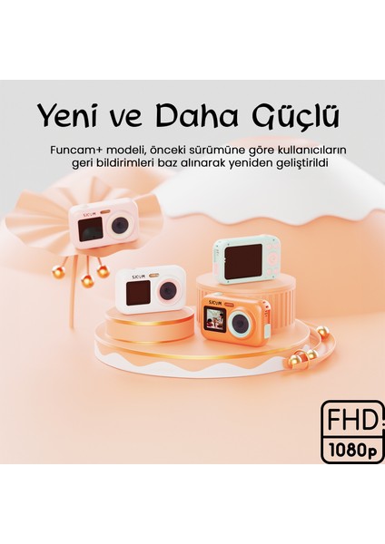 FunCam+ Dual Screen H.264 Çocuklar için Fotoğraf Makinesi FullHD 1080p 44MP 2.4” + 1.3" Çift Ekran 650mAh Pembe modelleri