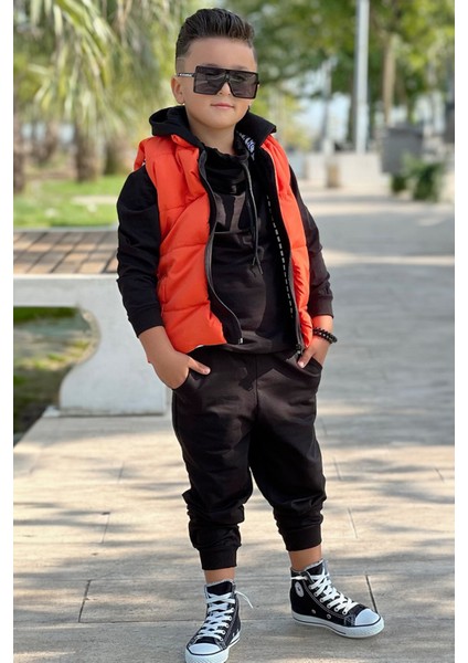 Şişme Yelekli Kapüşonlu Çift Cepli 3'lü Erkek Çocuk Eşofman Takım fiyatları