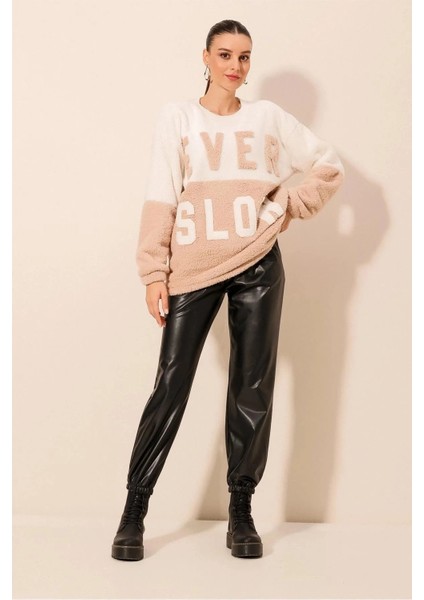 Kadın Krem Beyaz Blok Ever Slow Baskılı Rahat Peluş Sweatshirt HZL23W-BD1554781 indirimleri
