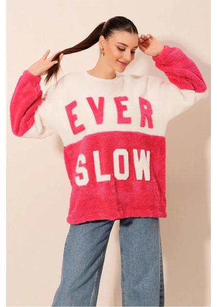 Kadın Fuşya Beyaz Blok Ever Slow Baskılı Rahat Peluş Sweatshirt HZL23W-BD1554781 fiyatları