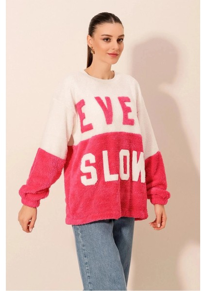 Kadın Fuşya Beyaz Blok Ever Slow Baskılı Rahat Peluş Sweatshirt HZL23W-BD1554781 fırsatları