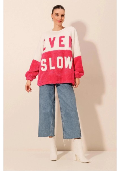 Kadın Fuşya Beyaz Blok Ever Slow Baskılı Rahat Peluş Sweatshirt HZL23W-BD1554781 indirimleri