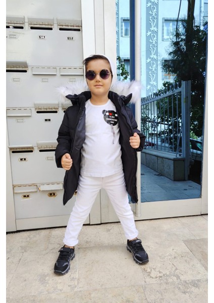 Unisex Çocuk Ayıcık Nakışlı Şişme Mont