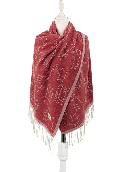 Bordo Kedi Desen Kışlık Şal