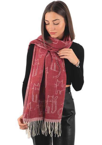 Bordo Kedi Desen Kışlık Şal fiyatları
