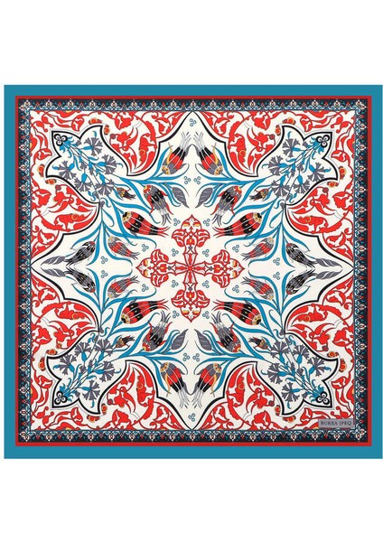 Turkuaz Çintemani Karanfil Desen Ipeksi Mendil