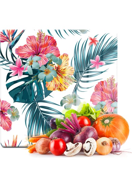 Cam Kesme Tahtası Kare Karışık Çiçek Desenli 30X30 cm