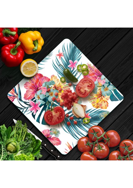 Cam Kesme Tahtası Kare Karışık Çiçek Desenli 30X30 cm fiyatları