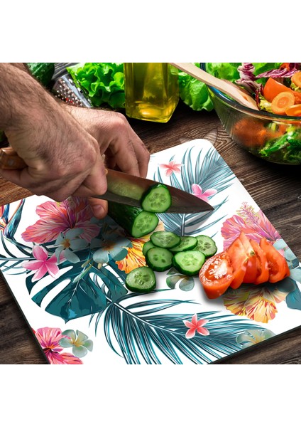 Cam Kesme Tahtası Kare Karışık Çiçek Desenli 30X30 cm modelleri