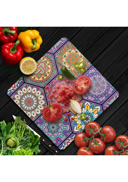Cam Kesme Tahtası Kare Altıgen Mandala Desenli 30X30 cm fiyatları