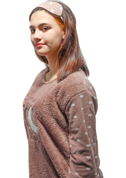 FAWN3115 Kadın Uzun Kol Traşlı Polar Uyku Bandı Hediyeli Battal Pijama Takımı modelleri