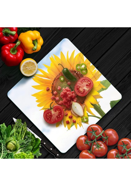 Cam Kesme Tahtası Kare Ayçiçeği Desenli 30X30 cm fiyatları