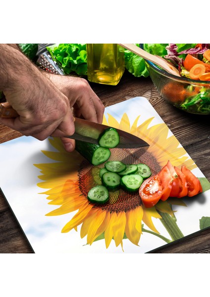 Cam Kesme Tahtası Kare Ayçiçeği Desenli 30X30 cm modelleri