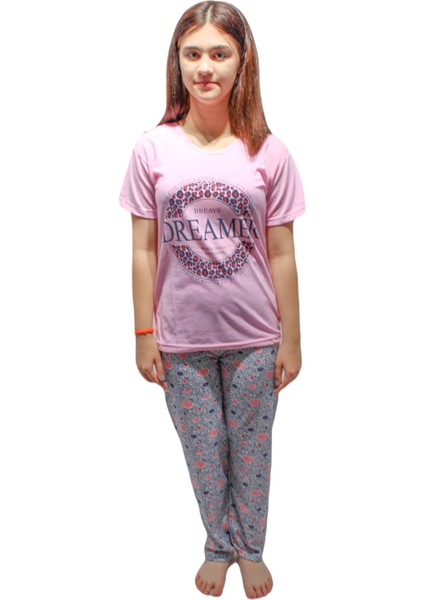 İNCI2923 Kadın Kısa Kol Yuv.yaka Pamuklu Düz Paça Pijama Takımı