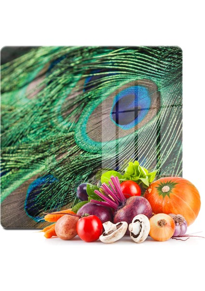 Cam Kesme Tahtası Kare Tavus Kuşu Desenli 30X30 cm