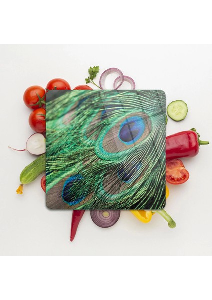 Cam Kesme Tahtası Kare Tavus Kuşu Desenli 30X30 cm fiyatları