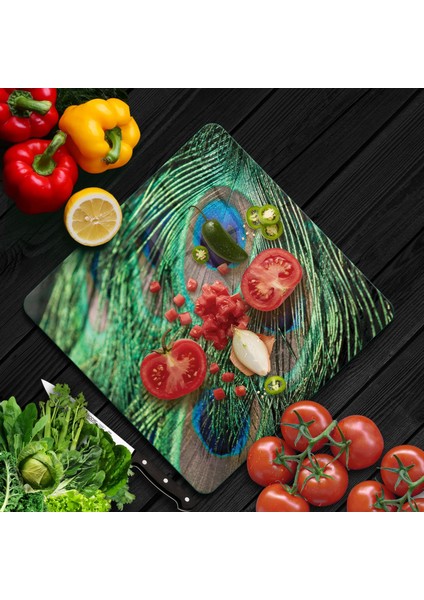 Cam Kesme Tahtası Kare Tavus Kuşu Desenli 30X30 cm modelleri