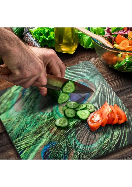 Cam Kesme Tahtası Kare Tavus Kuşu Desenli 30X30 cm fırsatları