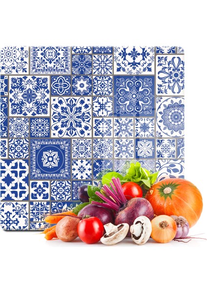 Cam Kesme Tahtası Kare Mavi Çini Kare Desenli 30X30 cm