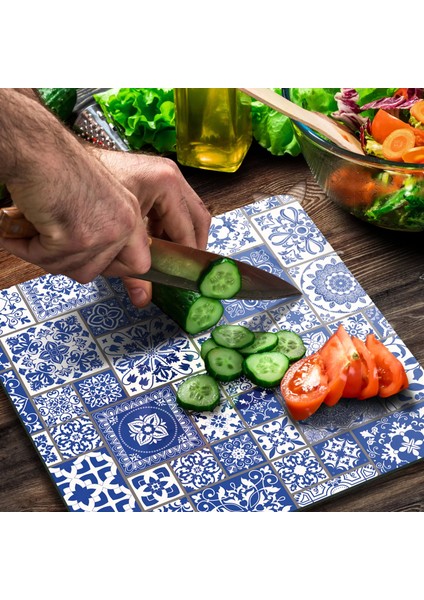 Cam Kesme Tahtası Kare Mavi Çini Kare Desenli 30X30 cm modelleri