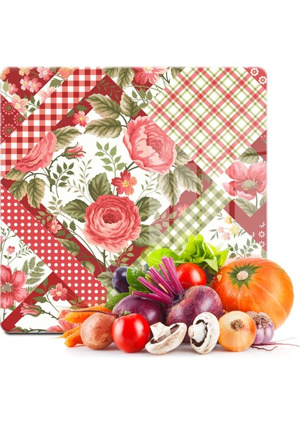 Cam Kesme Tahtası Kare Çiçekli Desen 30X30 cm
