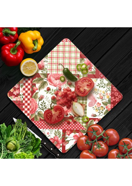 Cam Kesme Tahtası Kare Çiçekli Desen 30X30 cm fiyatları