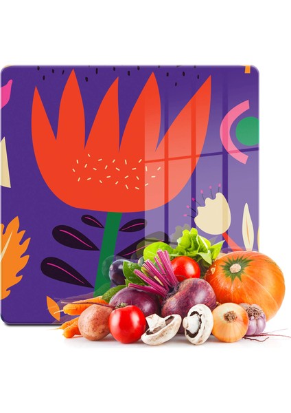 Cam Kesme Tahtası Kare Renkli Lale Çiçek Desenli 30X30 cm