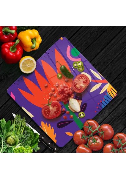Cam Kesme Tahtası Kare Renkli Lale Çiçek Desenli 30X30 cm