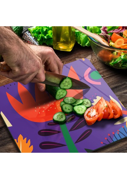 Cam Kesme Tahtası Kare Renkli Lale Çiçek Desenli 30X30 cm