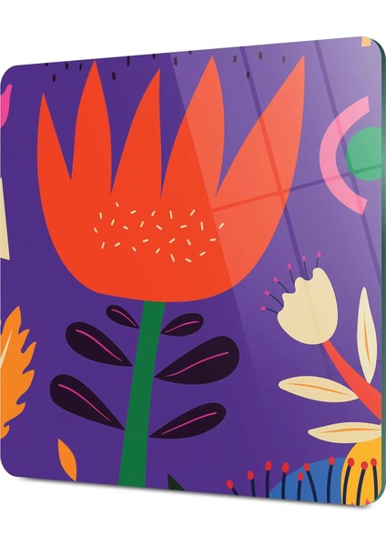 Cam Kesme Tahtası Kare Renkli Lale Çiçek Desenli 30X30 cm