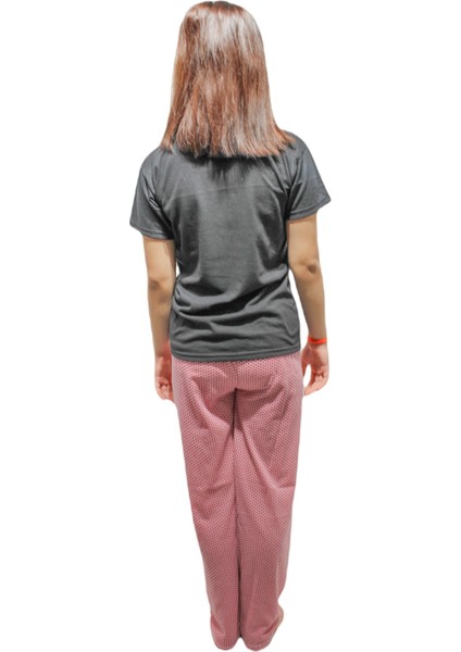 İNCI2932 Kadın Kısa Kol Yuv.yaka Pamuklu Düz Paça Pijama Takımı