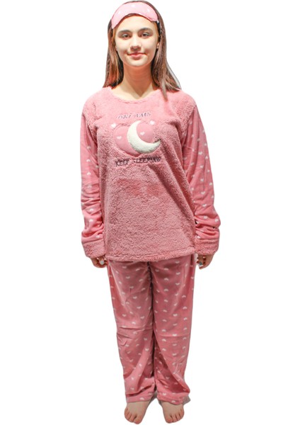 Kadın Uzun Kol Traşlı Polar Uyku Bandı Hediyeli Battal Pijama Takımı