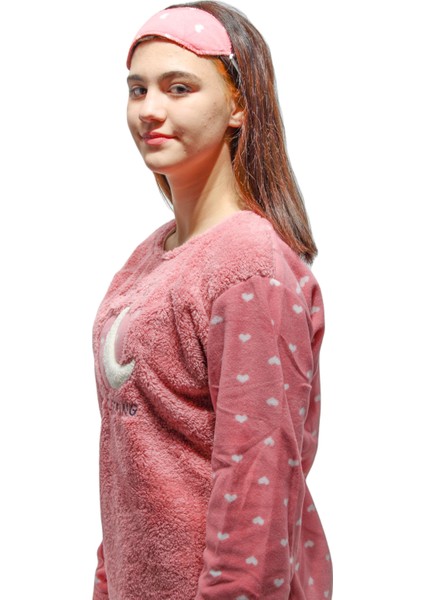Kadın Uzun Kol Traşlı Polar Uyku Bandı Hediyeli Battal Pijama Takımı modelleri