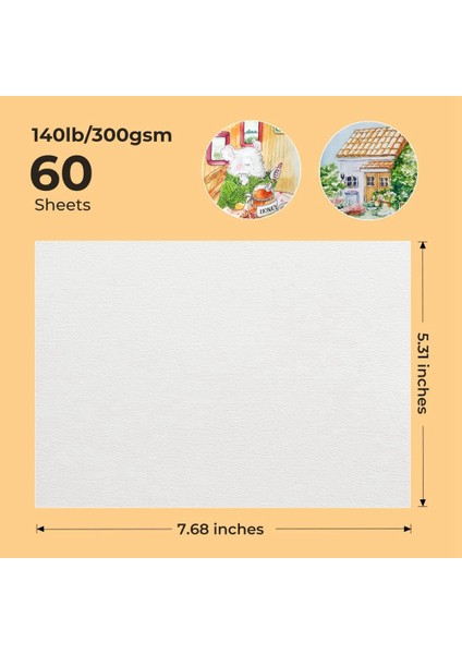 60 Yaprak Suluboya Kağıdı, Soğuk Pres %50 Pamuk 140LB /300GSM Asitsiz Toplu Beyaz Kağıt (7,68 x 5,31 Inç) (Yurt Dışından) modelleri