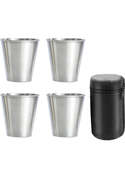 Paslanmaz Çelik Shot Bardakları, 4'lü Bardak Seti, Metal Shot Bardakları, Istiflenebilir, Dış Mekan Için Deri Çantalı Küçük Matara (Yurt Dışından)