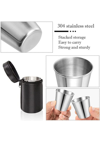 Paslanmaz Çelik Shot Bardakları, 4'lü Bardak Seti, Metal Shot Bardakları, Istiflenebilir, Dış Mekan Için Deri Çantalı Küçük Matara (Yurt Dışından)